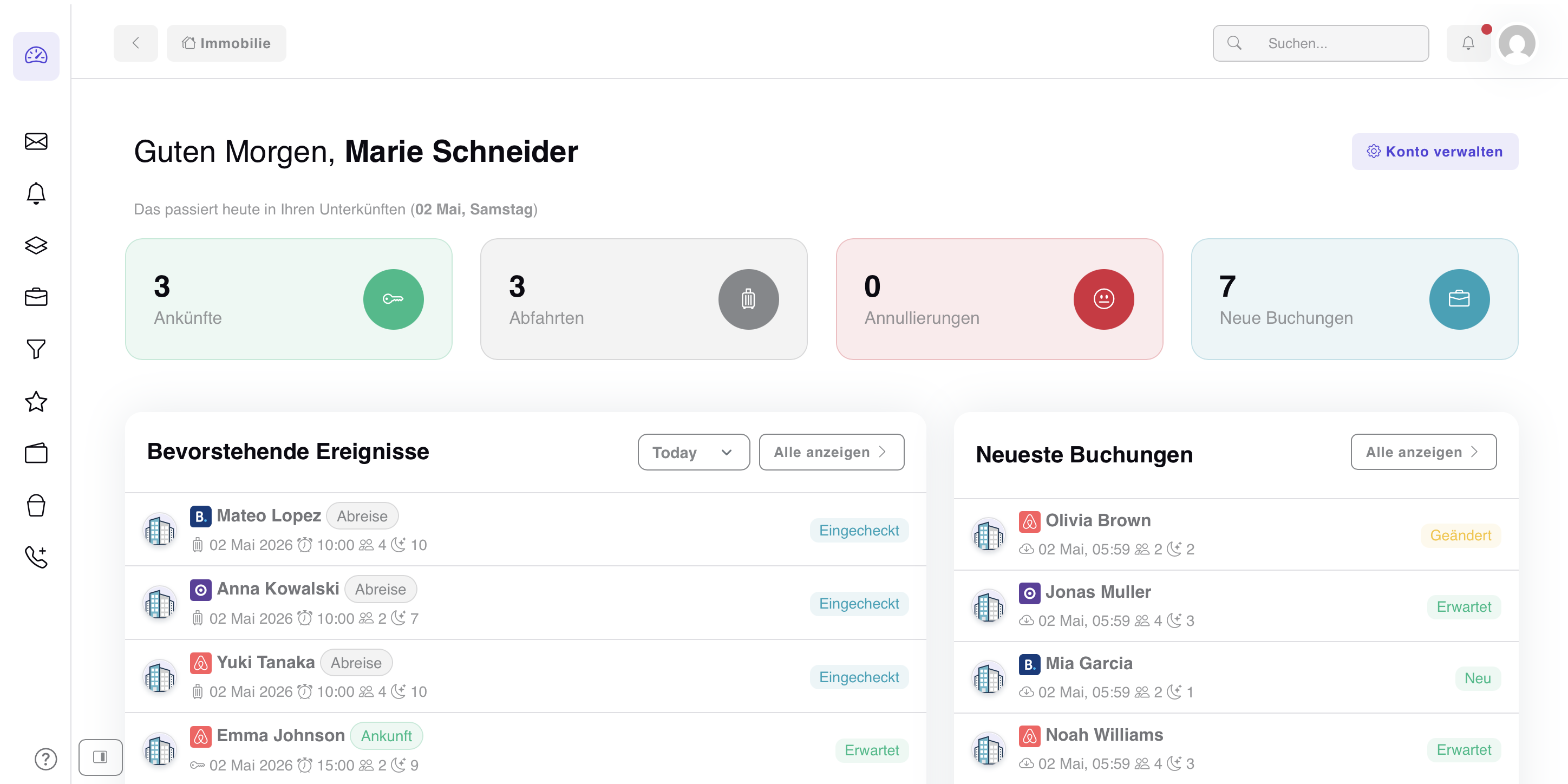 Airbnb Management Software Dashboard für Ferienwohnungen